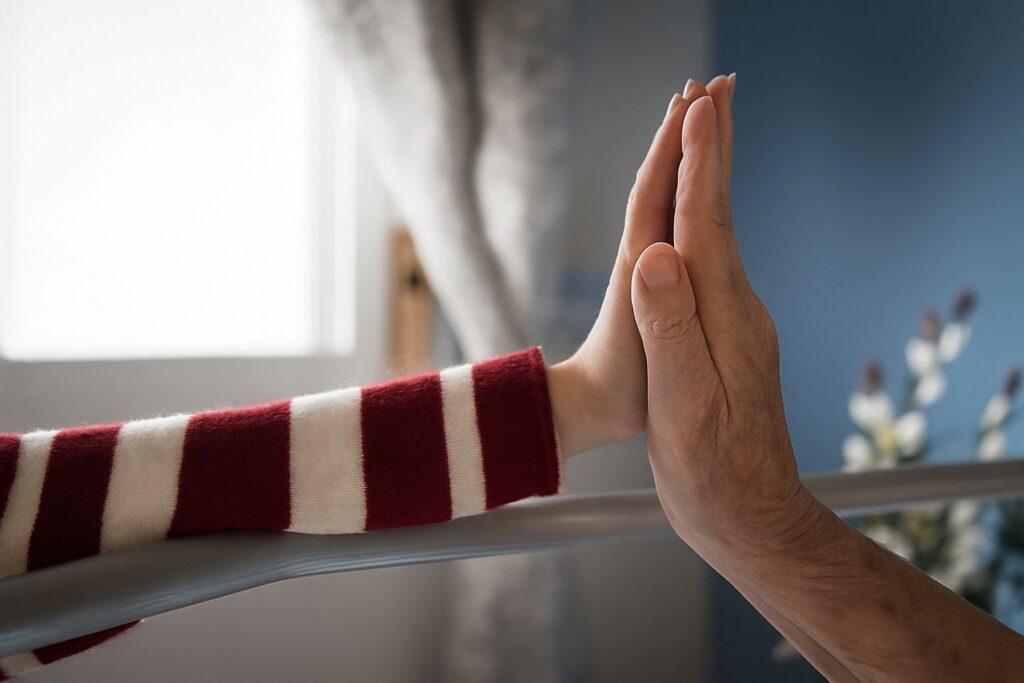 eine Kinderhand und die Hand eines alten Menschen berühren sich liebevoll